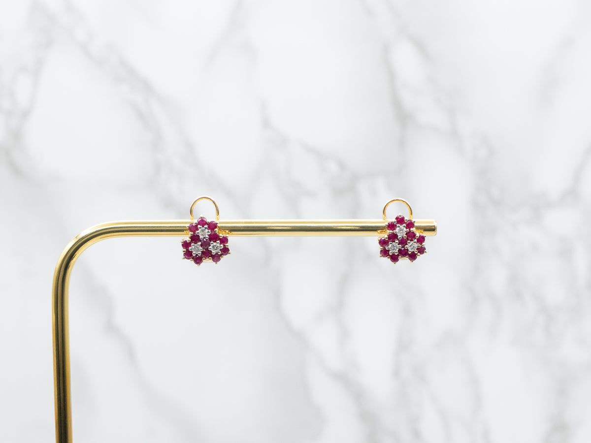 Ruby and Diamond Cluster Stud Earrings with Omega Backs