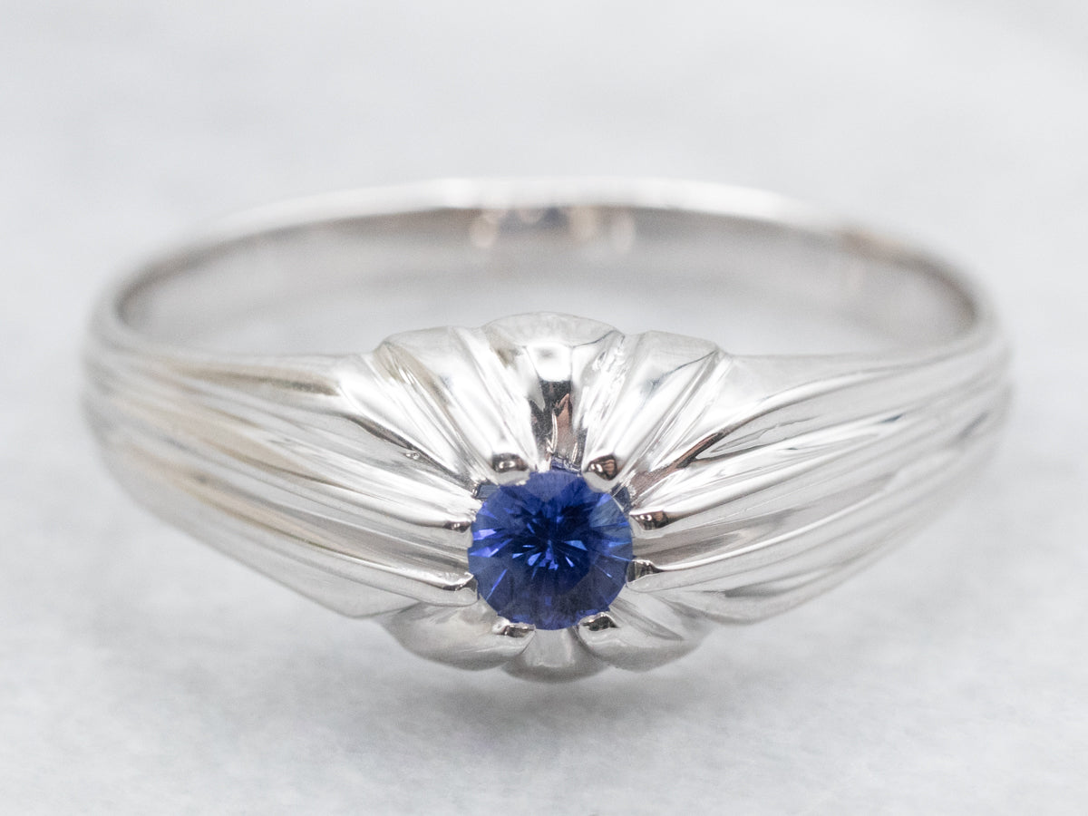 Men's Patterned Shank Sapphire Solitaire Ring