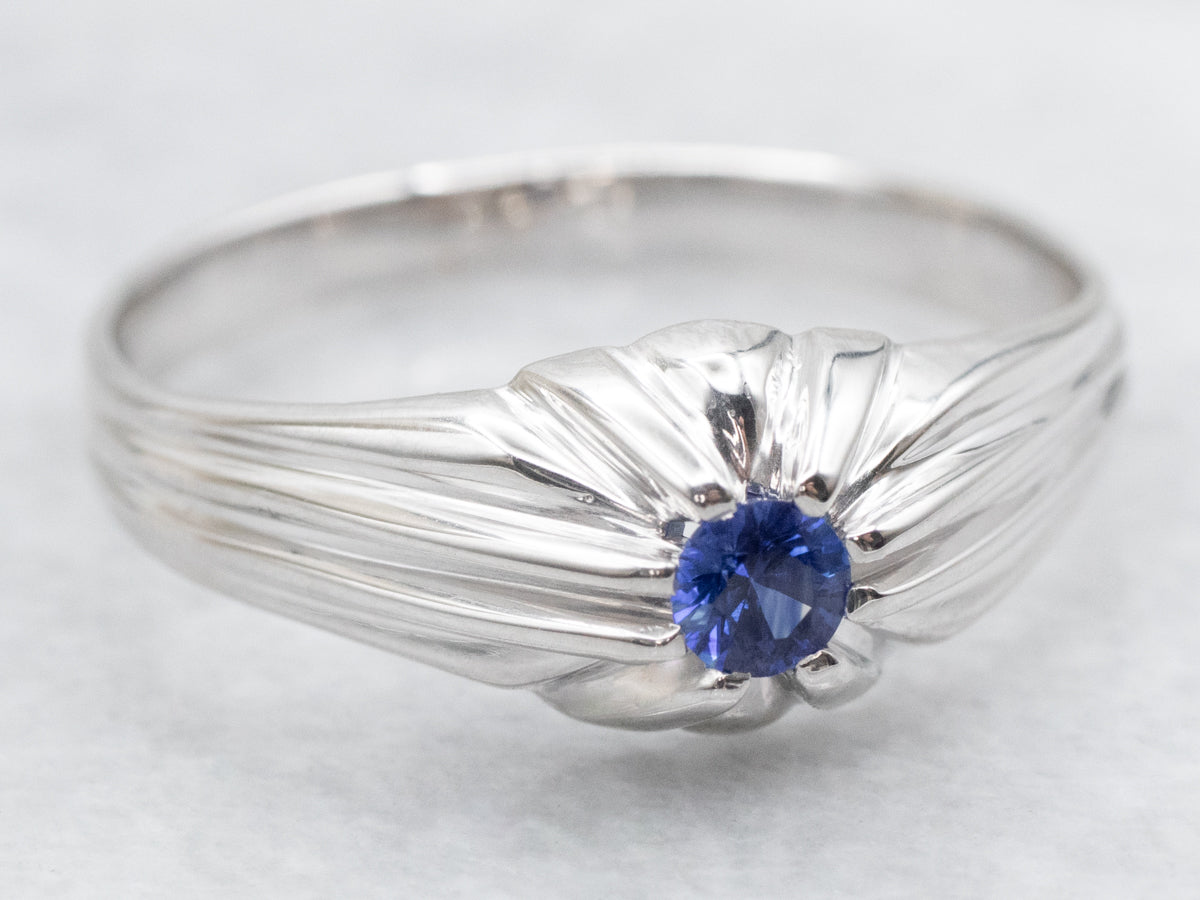 Men's Patterned Shank Sapphire Solitaire Ring