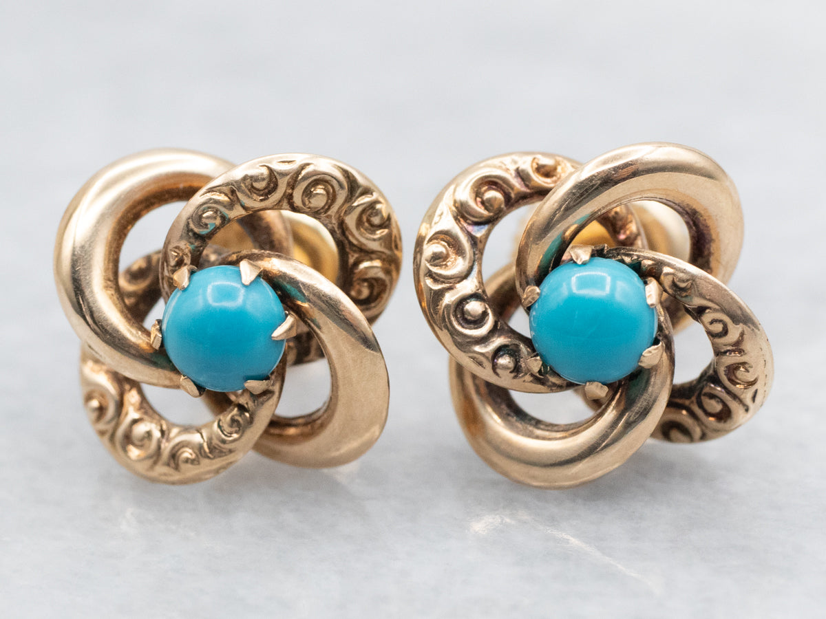 Ornate Gold Turquoise French Knot Stud Earrings