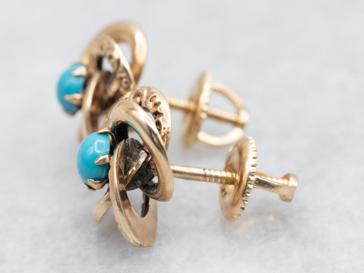 Ornate Gold Turquoise French Knot Stud Earrings
