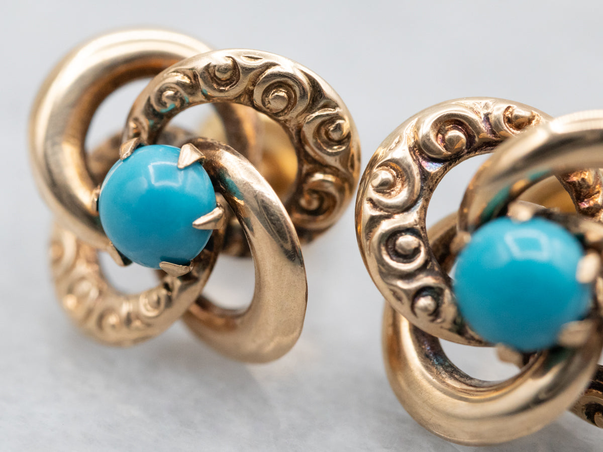 Ornate Gold Turquoise French Knot Stud Earrings