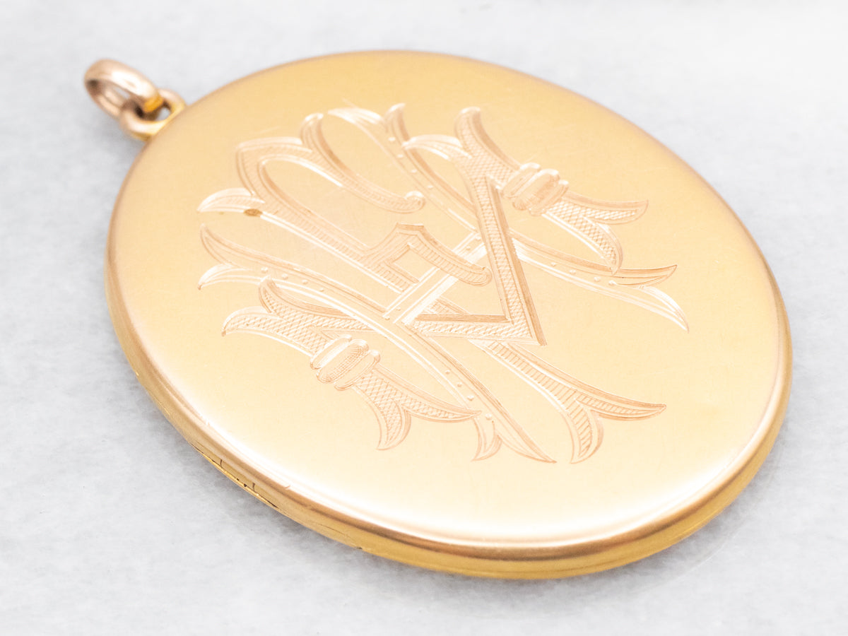 Large Victorian Bloomed Gold "FHM" Monogrammed Locket