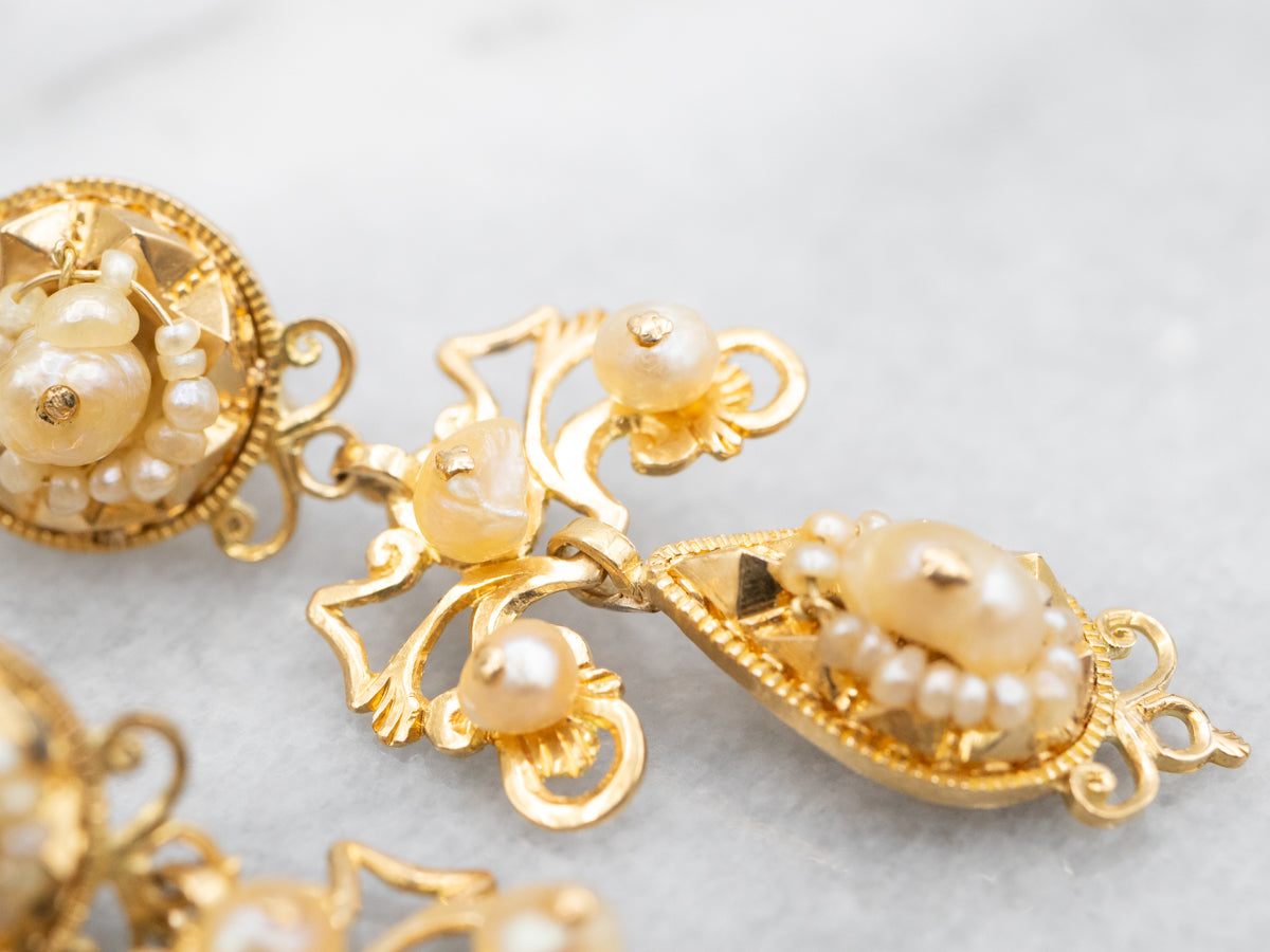 Antique Natural Pearl and Gold Filigree Drop Earrings