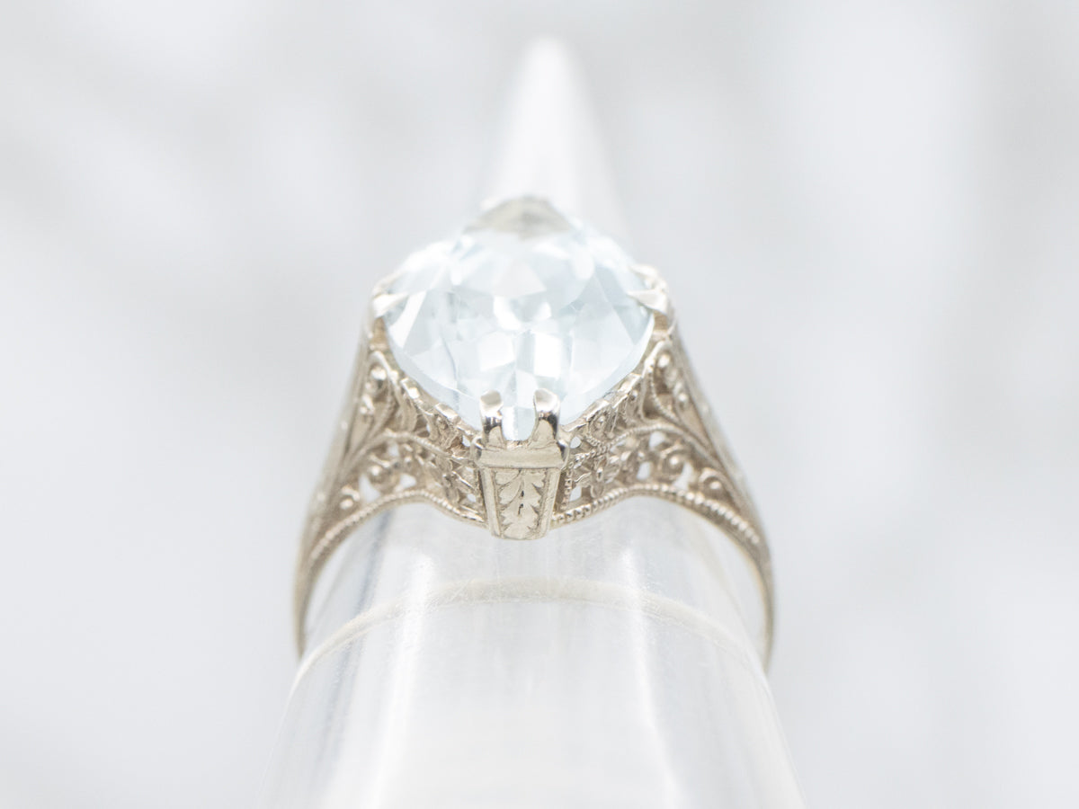 Art Deco Blue Topaz Solitaire Filigree Ring