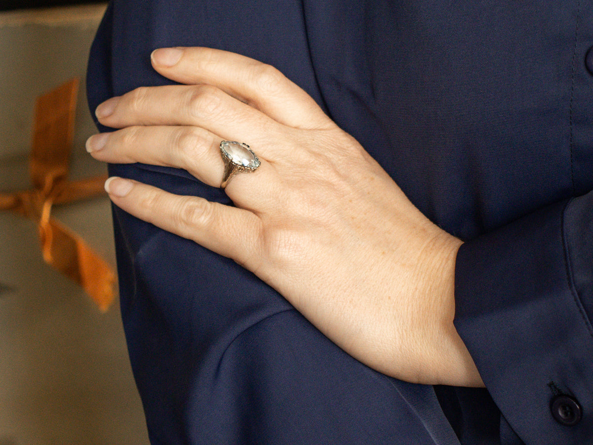 Art Deco Blue Topaz Solitaire Filigree Ring