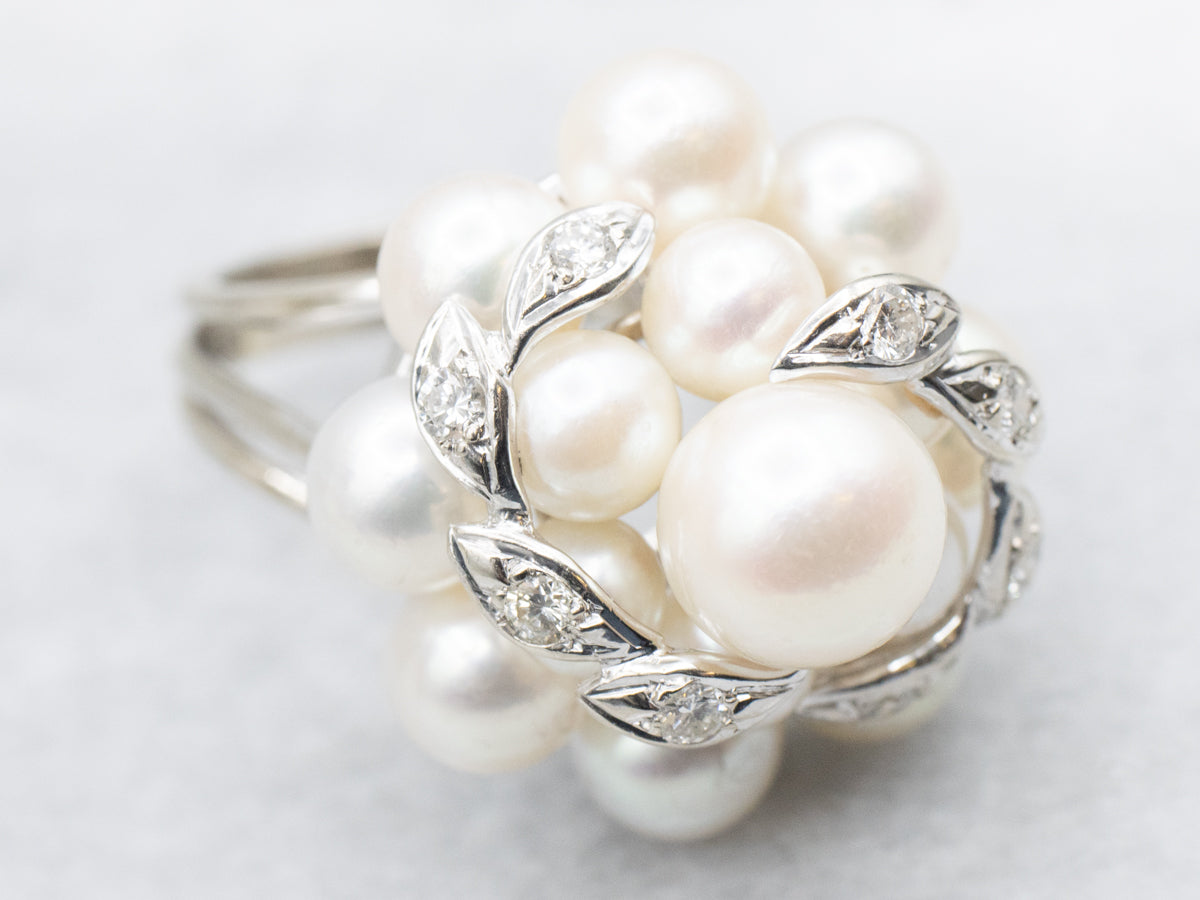 Vintage Pearl and Diamond Cluster Cocktail Ring