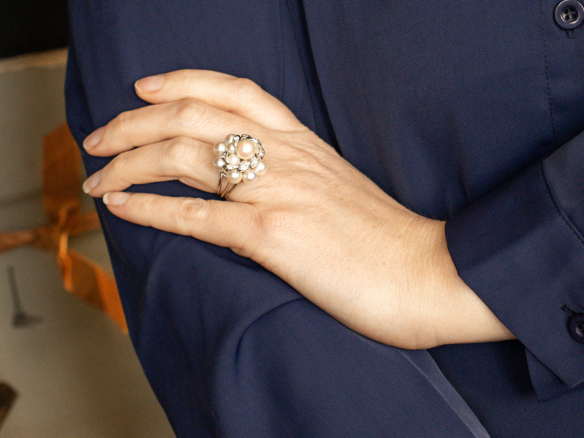 Vintage Pearl and Diamond Cluster Cocktail Ring