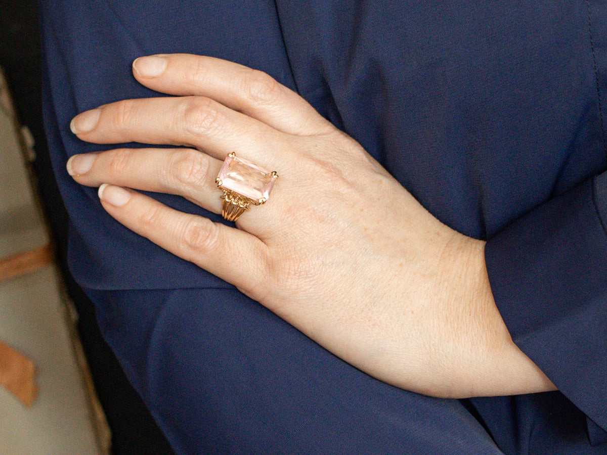 Emerald Cut Rose Quartz Cocktail Ring