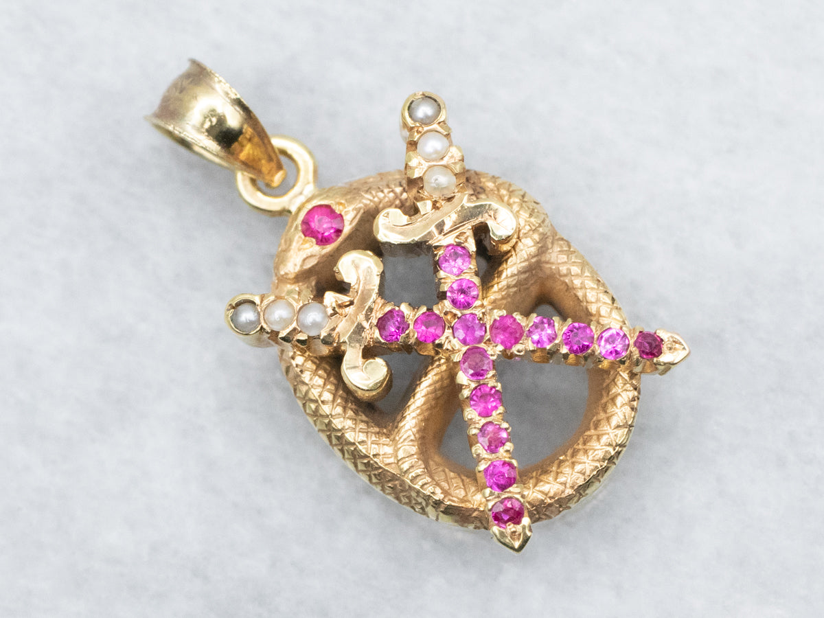 Antique Synthetic Ruby and Seed Pearl Sword and Snake Stickpin Conversion Pendant