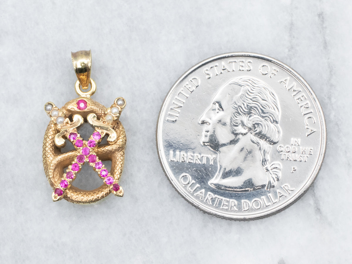Antique Synthetic Ruby and Seed Pearl Sword and Snake Stickpin Conversion Pendant