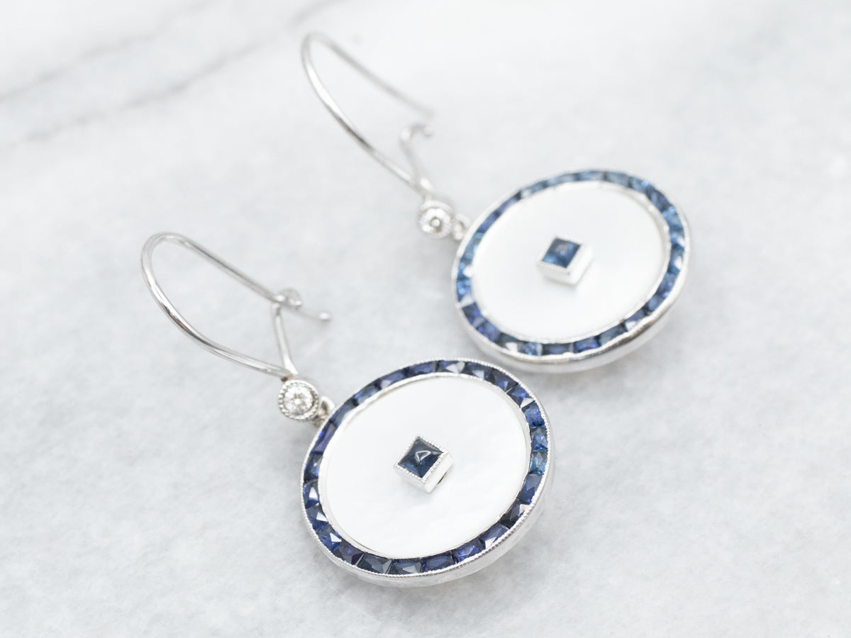Mother of Pearl and Sapphire Drop Earrings with Diamond Accent