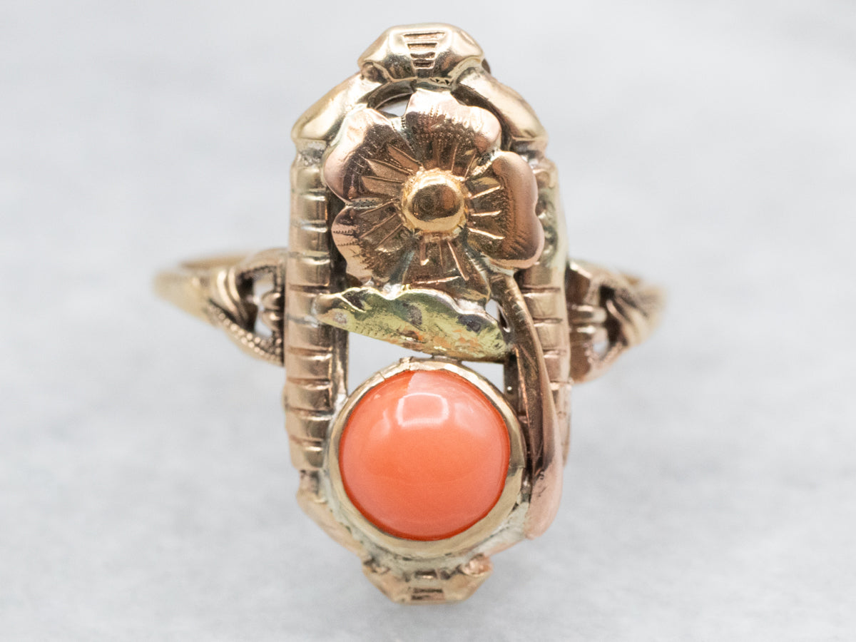 Mid-Century Floral Coral Solitaire Ring