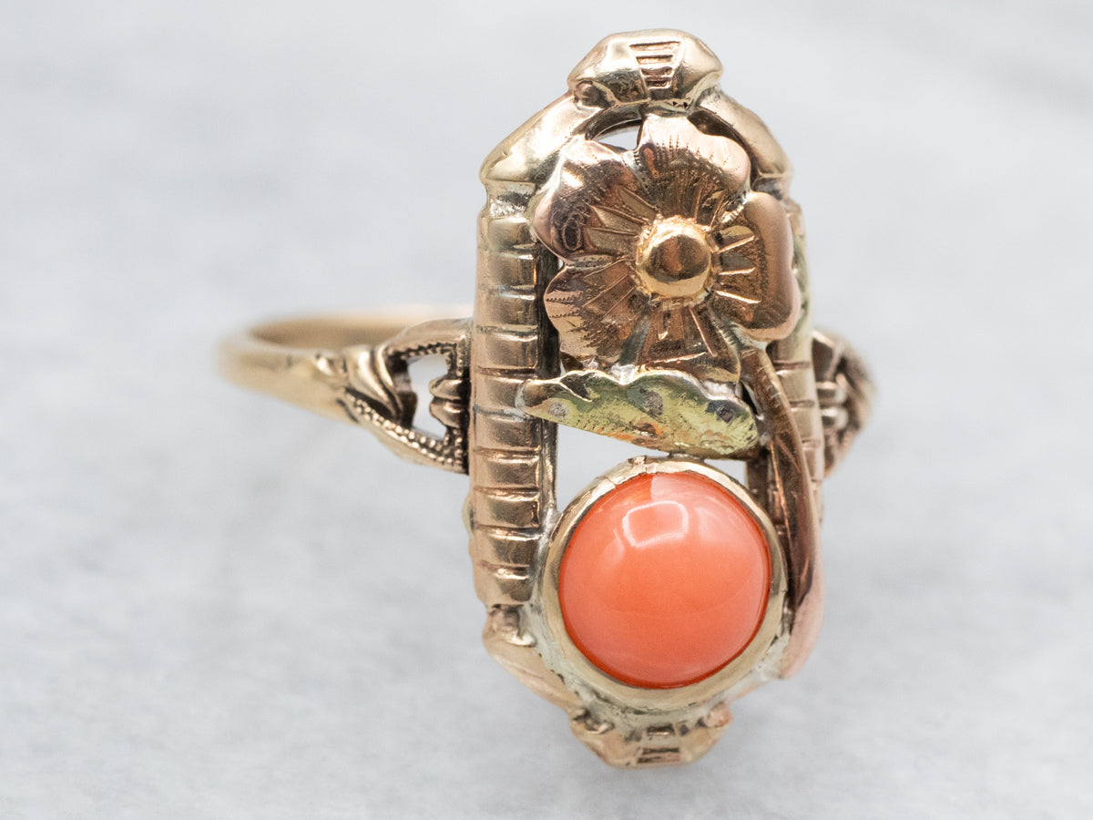Mid-Century Floral Coral Solitaire Ring