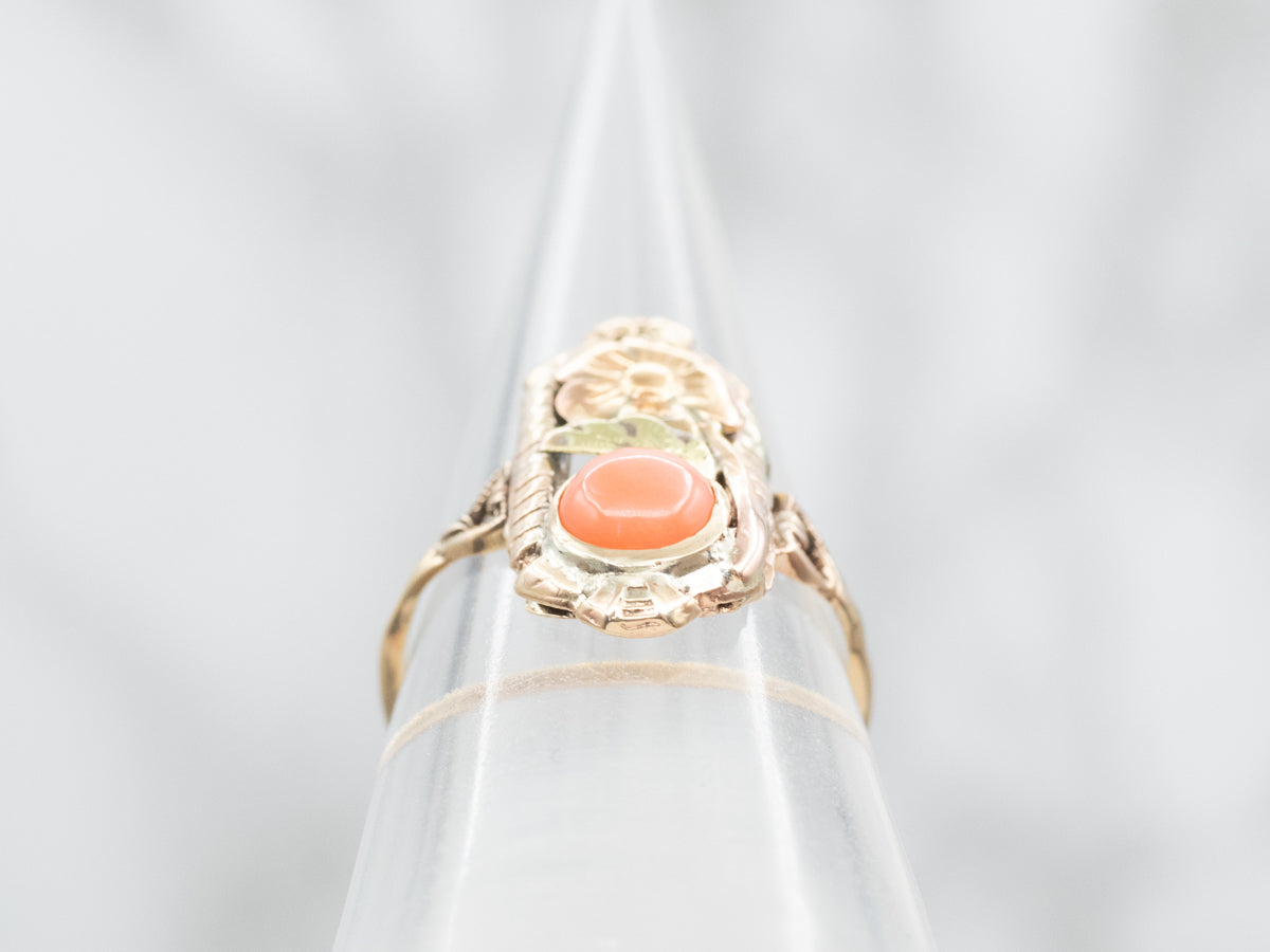Mid-Century Floral Coral Solitaire Ring