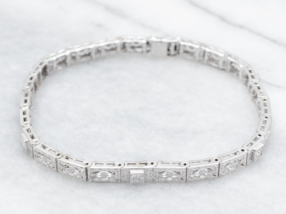 Art Deco Princess Cut Diamond and Filigree Link Bracelet
