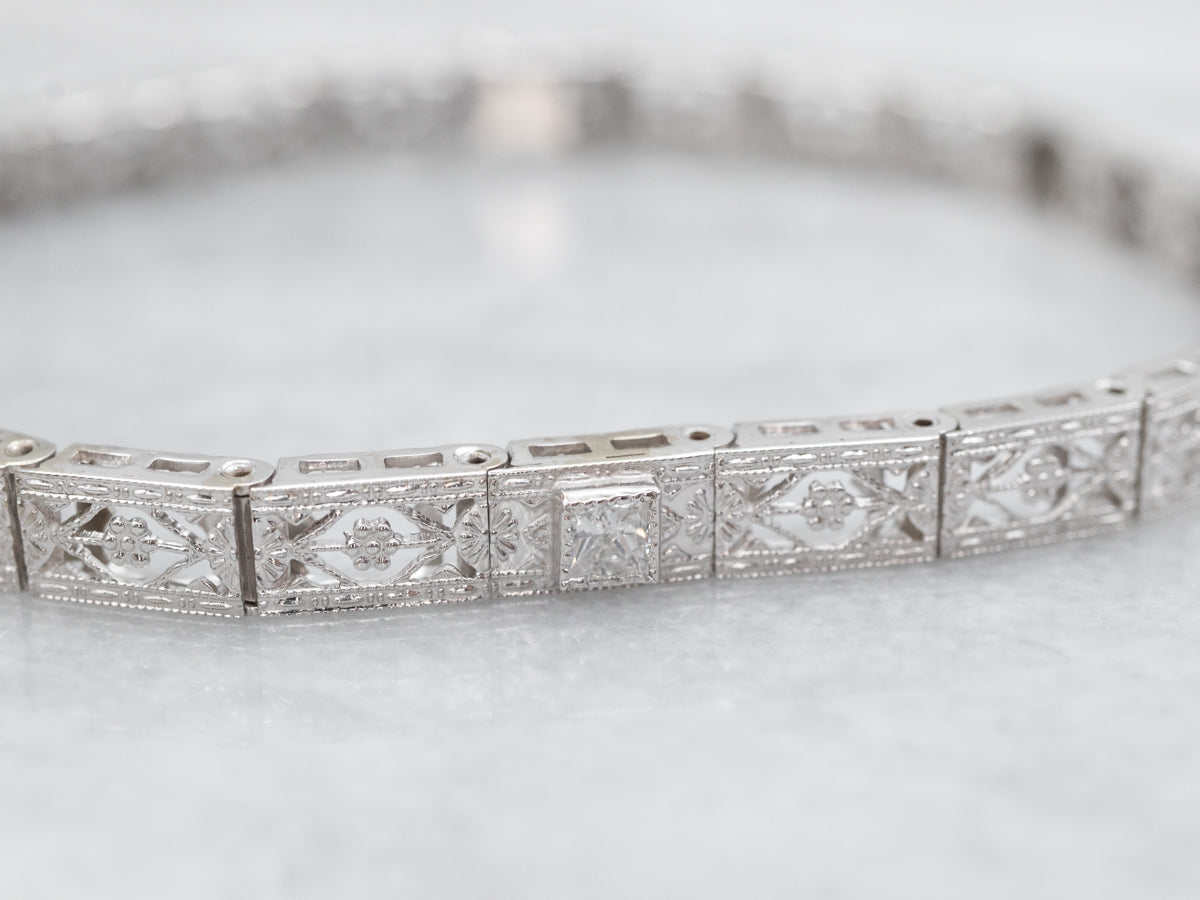 Art Deco Princess Cut Diamond and Filigree Link Bracelet