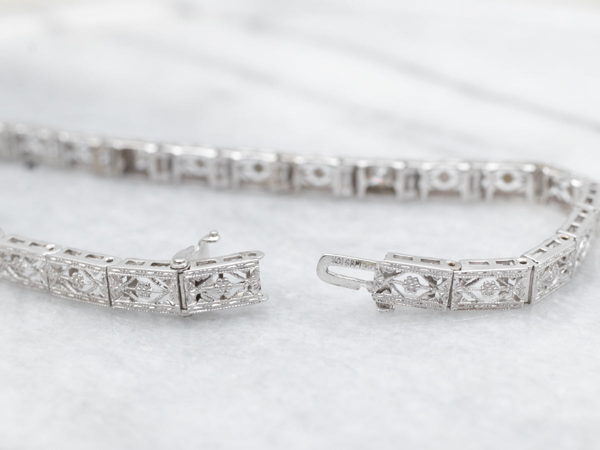 Art Deco Princess Cut Diamond and Filigree Link Bracelet