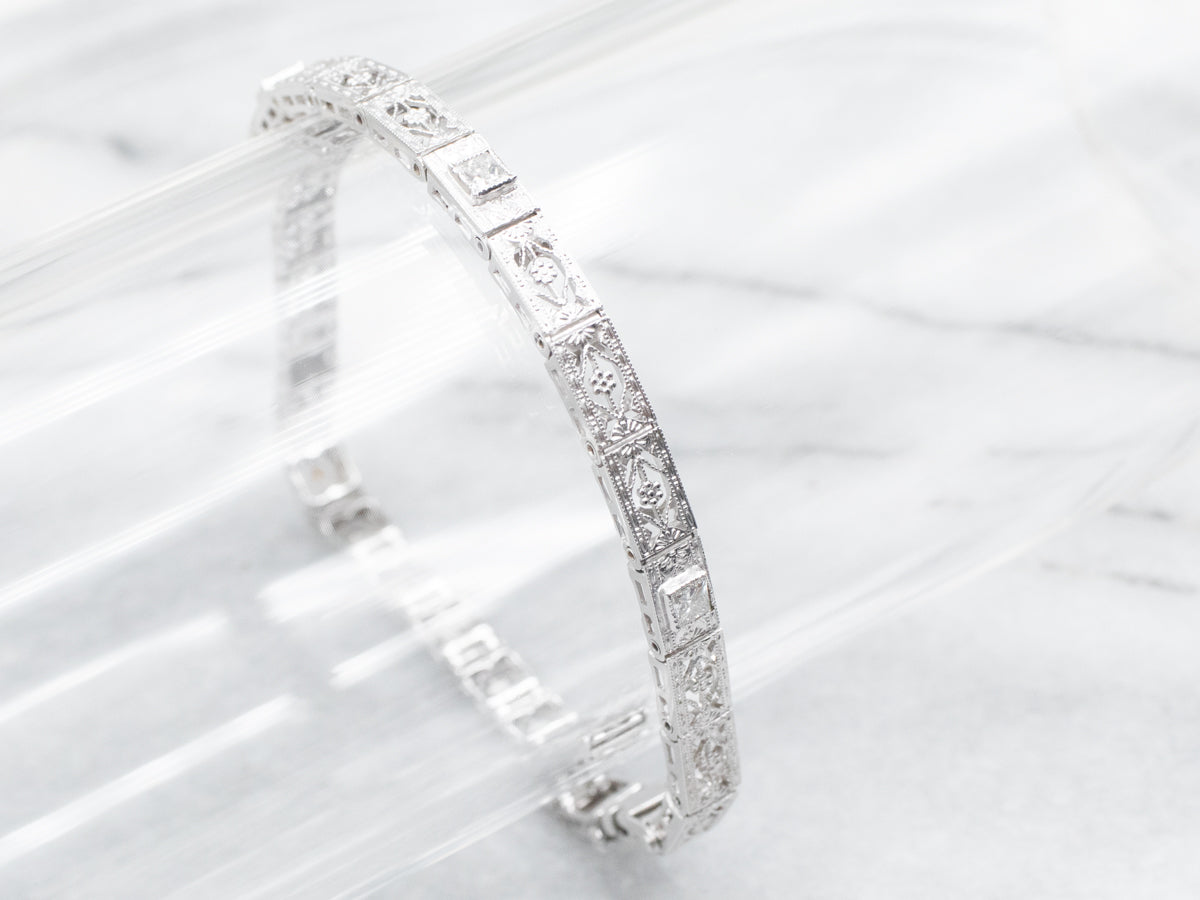 Art Deco Princess Cut Diamond and Filigree Link Bracelet
