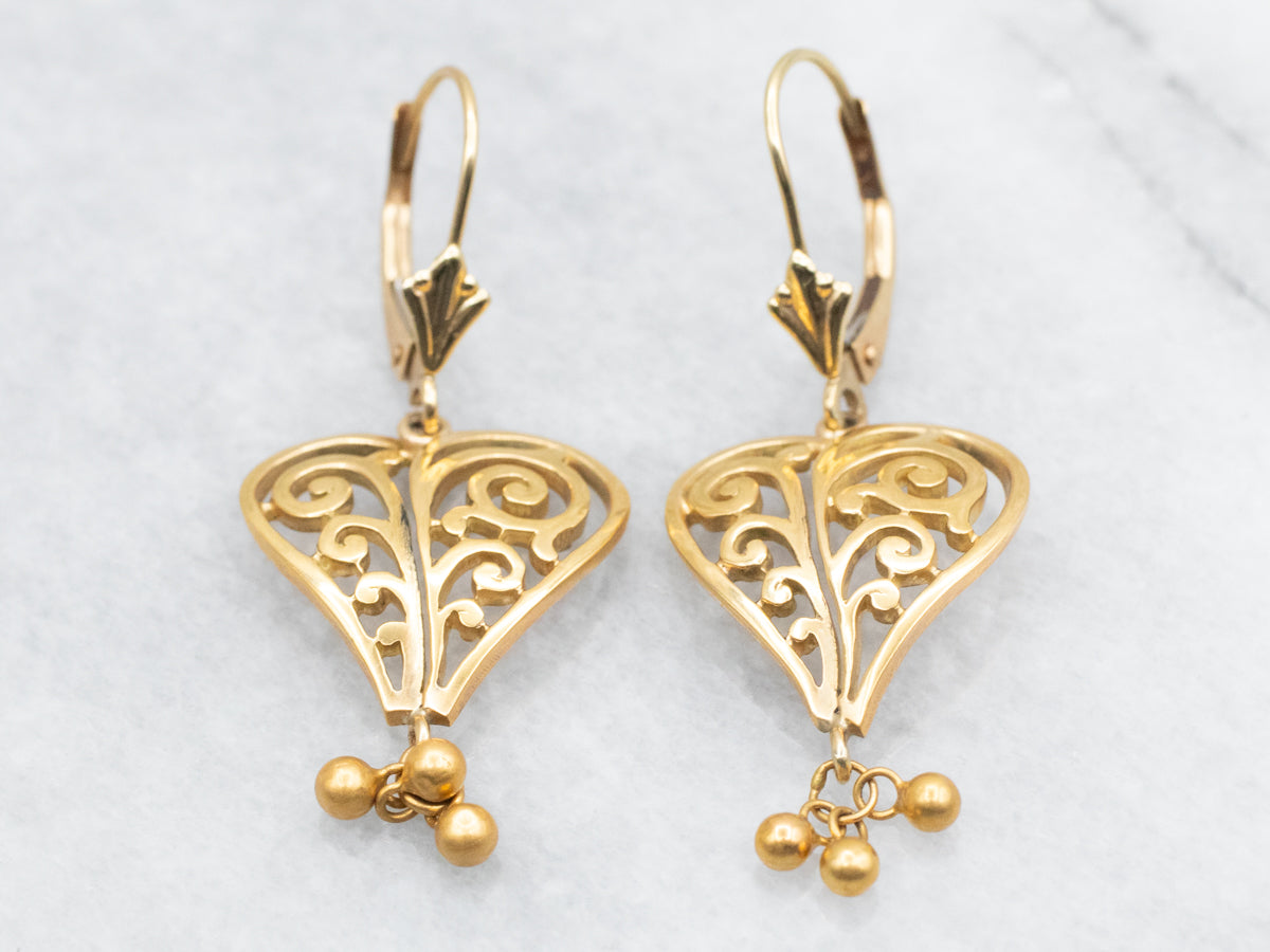 Scrolling Filigree Heart Earrings in Yellow Gold