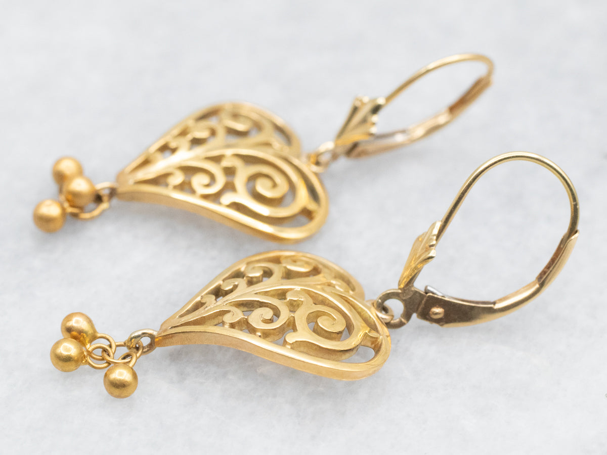 Scrolling Filigree Heart Earrings in Yellow Gold