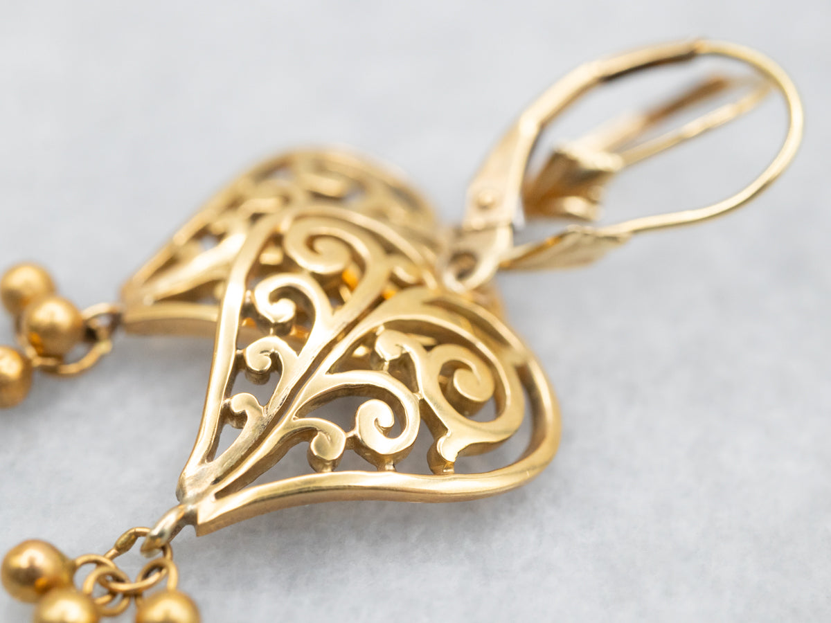 Scrolling Filigree Heart Earrings in Yellow Gold