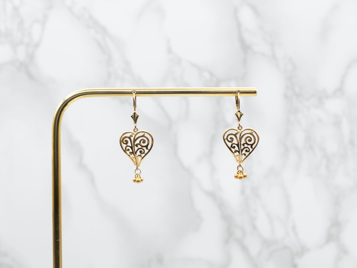 Scrolling Filigree Heart Earrings in Yellow Gold