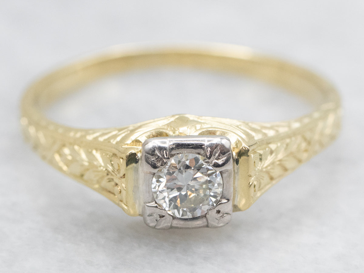 Antique Diamond Solitaire Ring with Hand Engraved Shoulders