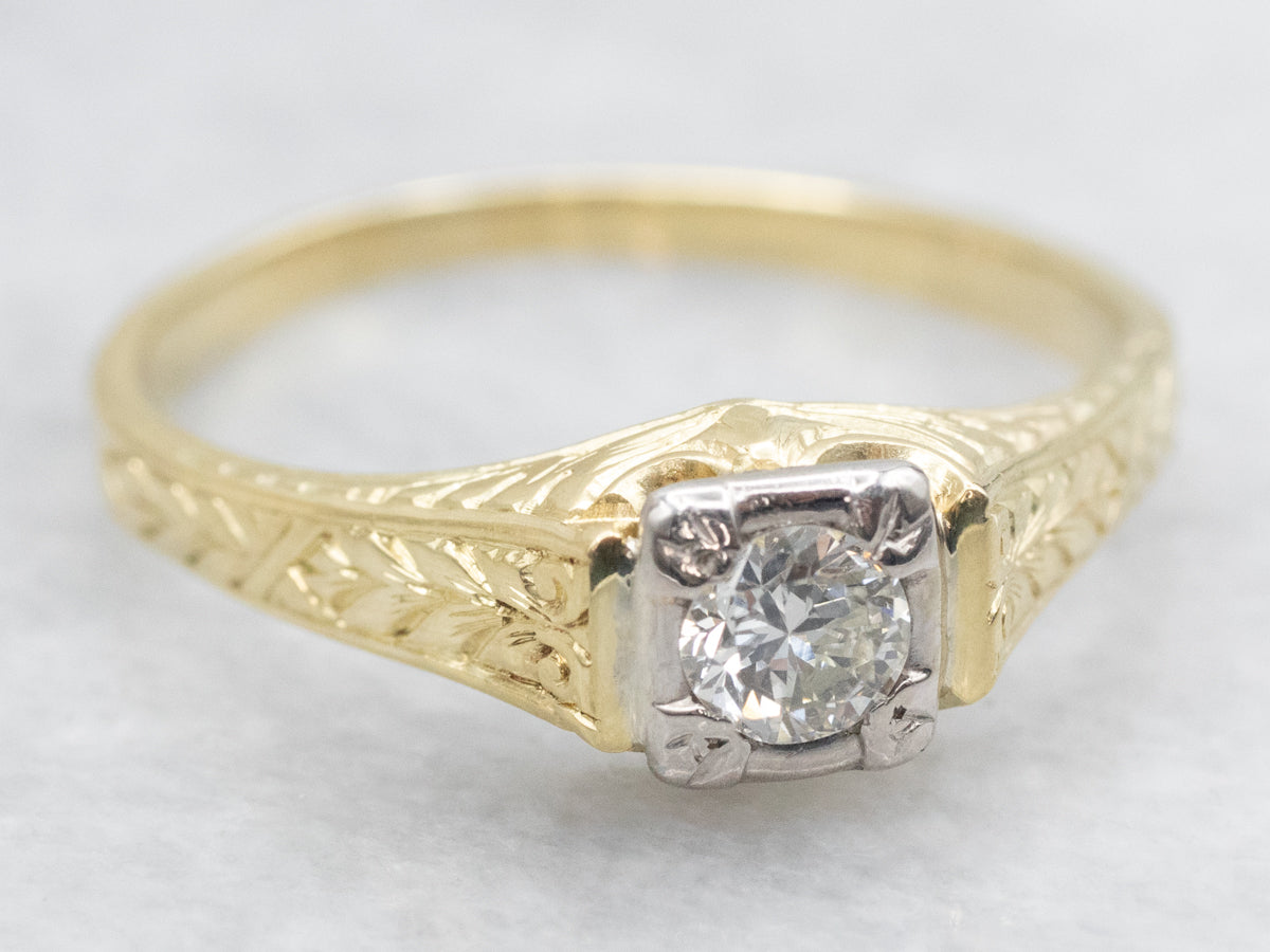 Antique Diamond Solitaire Ring with Hand Engraved Shoulders