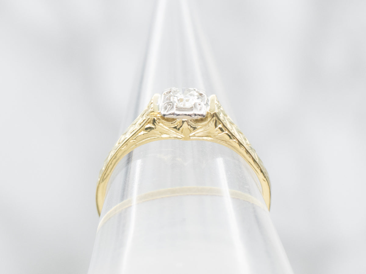 Antique Diamond Solitaire Ring with Hand Engraved Shoulders