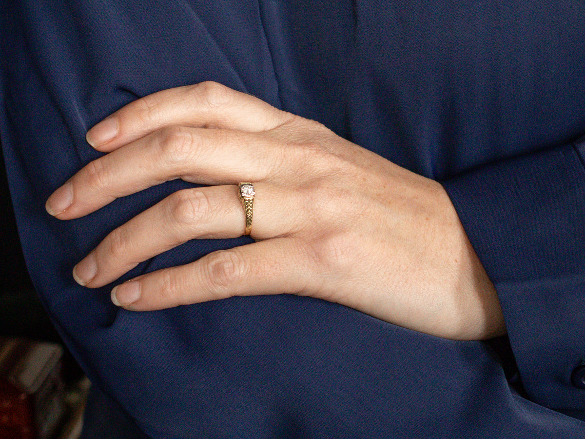 Antique Diamond Solitaire Ring with Hand Engraved Shoulders