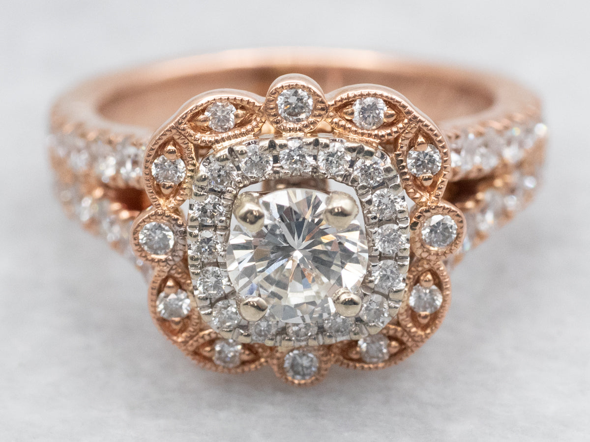 Modern Two Tone Diamond Double Halo Engagement Ring