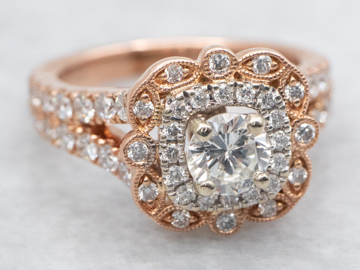 Modern Two Tone Diamond Double Halo Engagement Ring