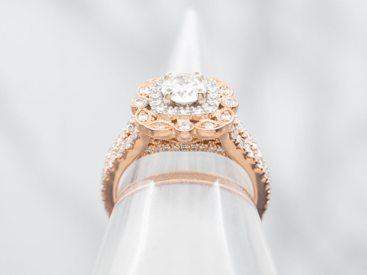 Modern Two Tone Diamond Double Halo Engagement Ring