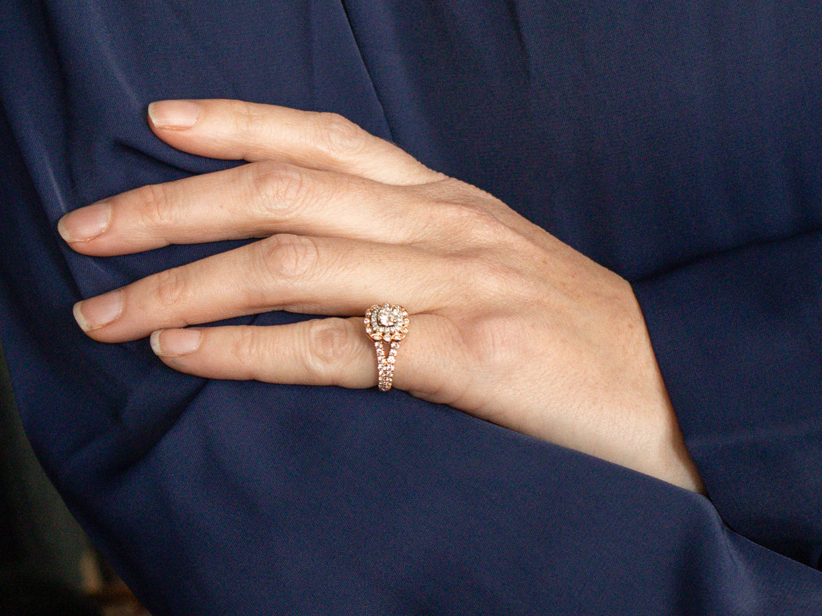 Modern Two Tone Diamond Double Halo Engagement Ring