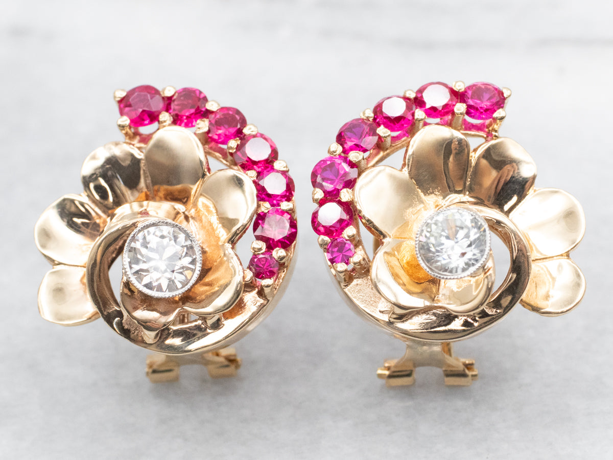 Funky White Topaz and Synthetic Ruby Retro Stud Earrings
