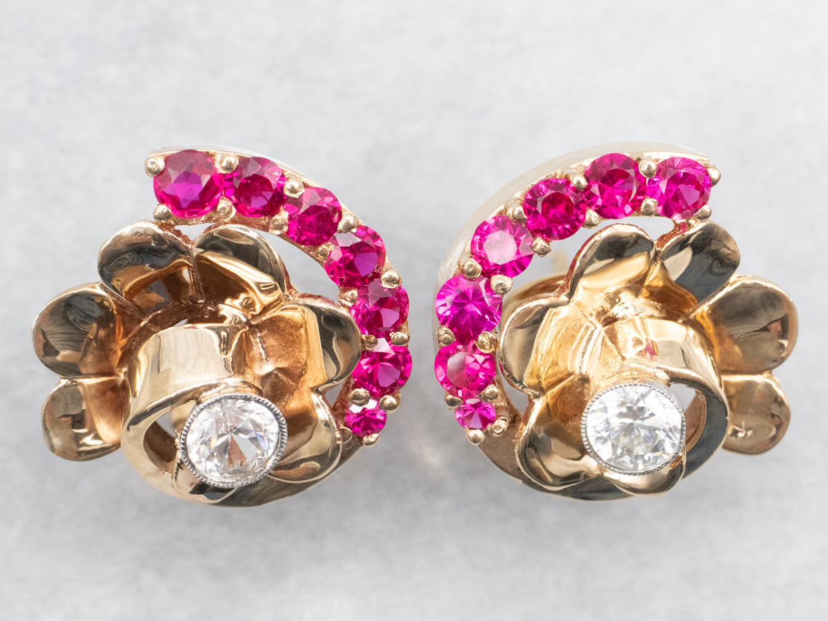 Funky White Topaz and Synthetic Ruby Retro Stud Earrings