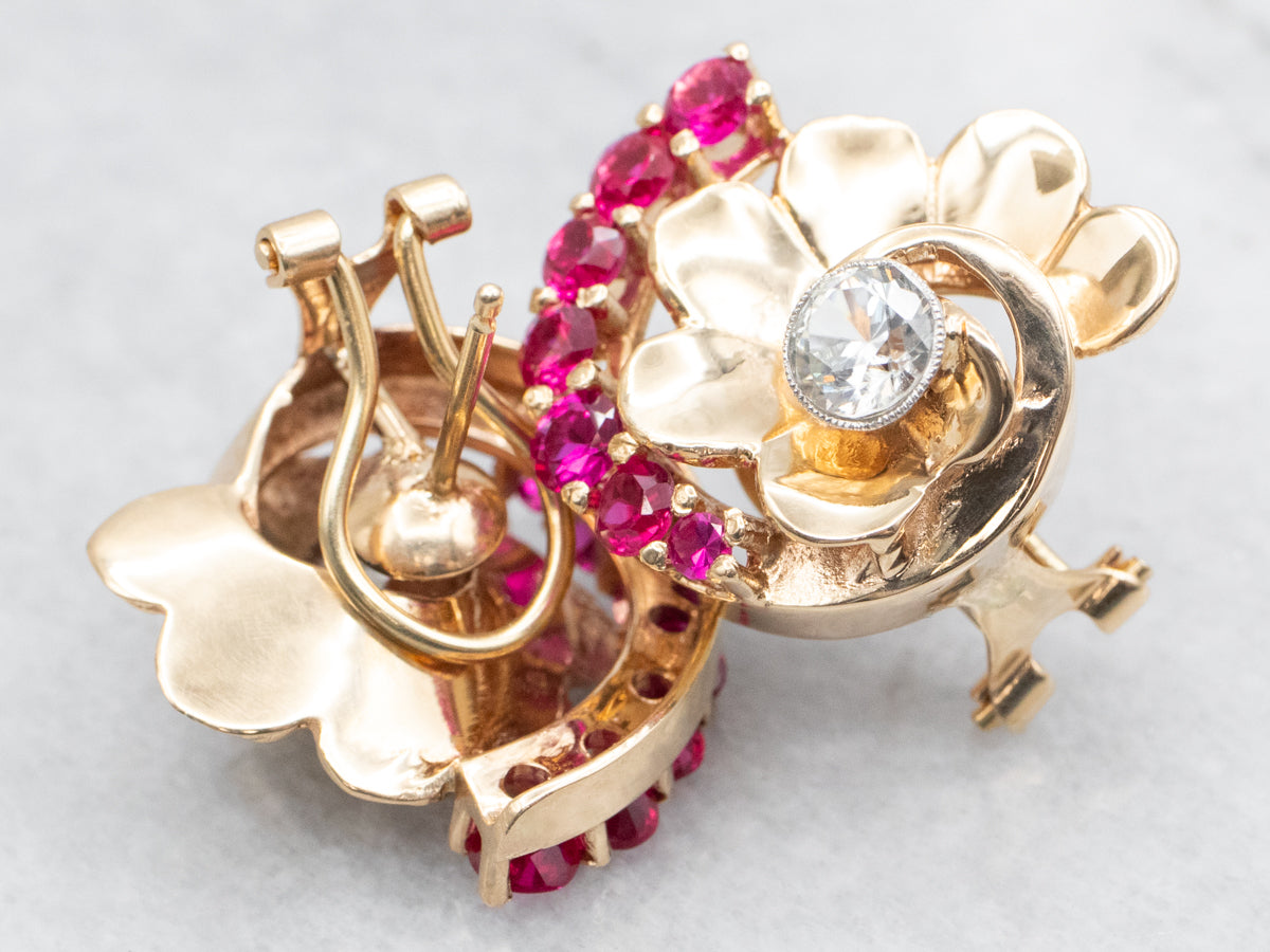 Funky White Topaz and Synthetic Ruby Retro Stud Earrings