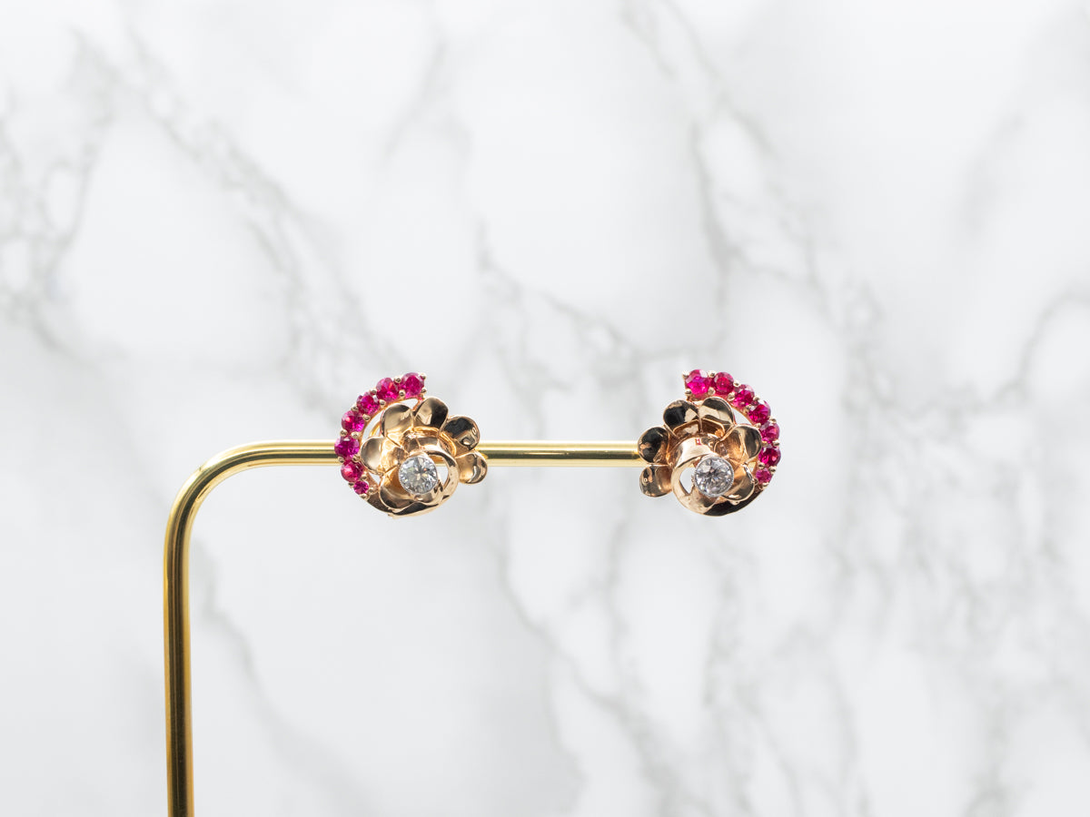 Funky White Topaz and Synthetic Ruby Retro Stud Earrings