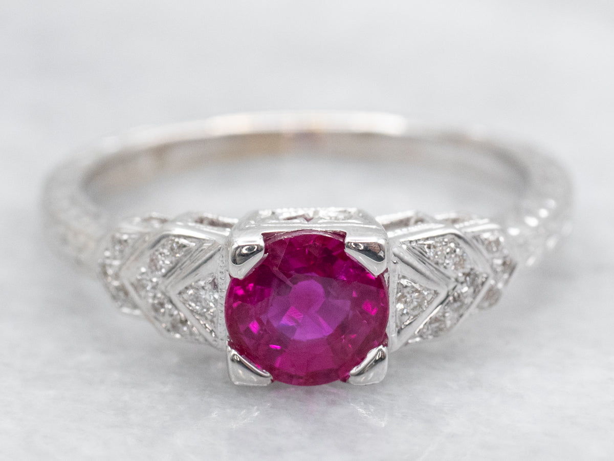 Art Deco Inspired Ruby and Diamond White Gold Ring