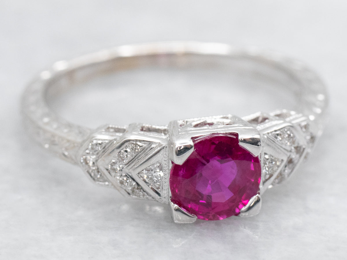 Art Deco Inspired Ruby and Diamond White Gold Ring