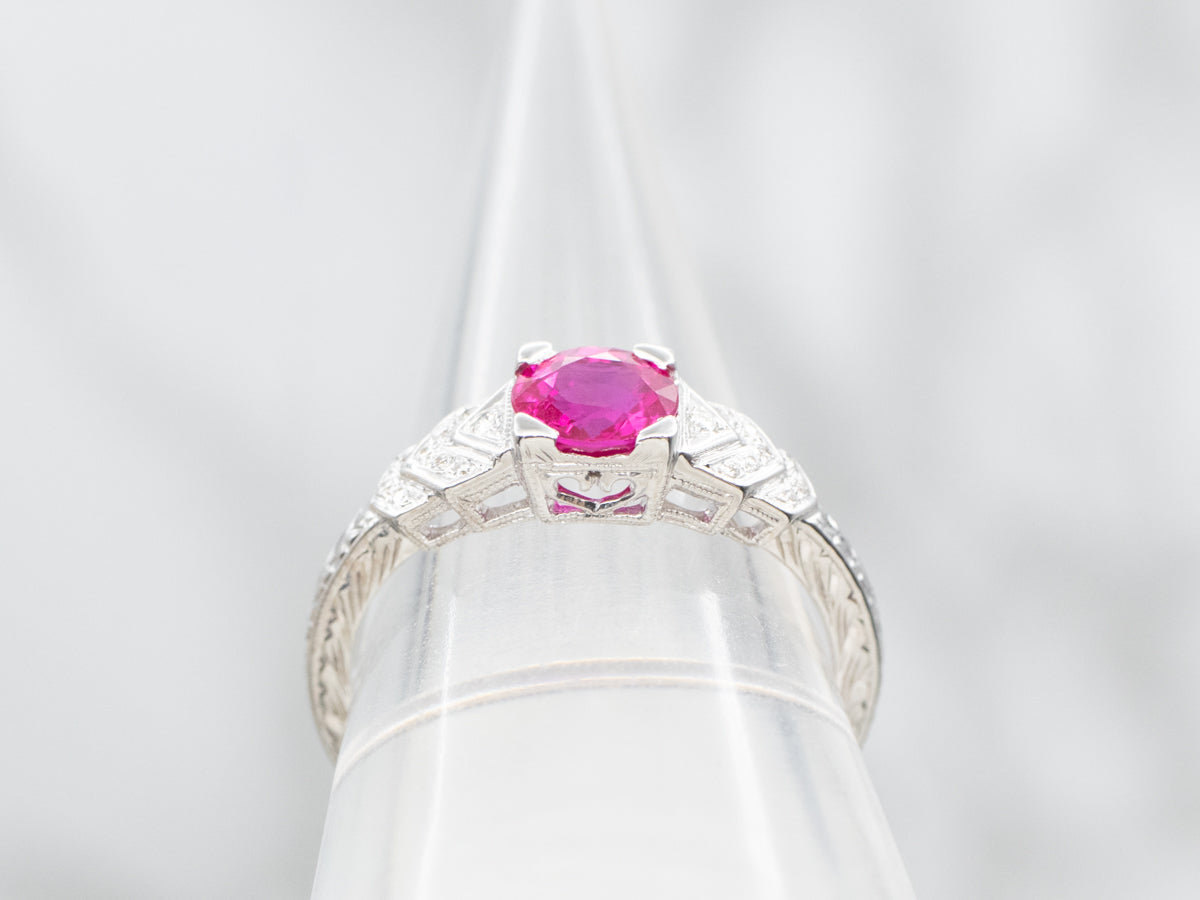 Art Deco Inspired Ruby and Diamond White Gold Ring