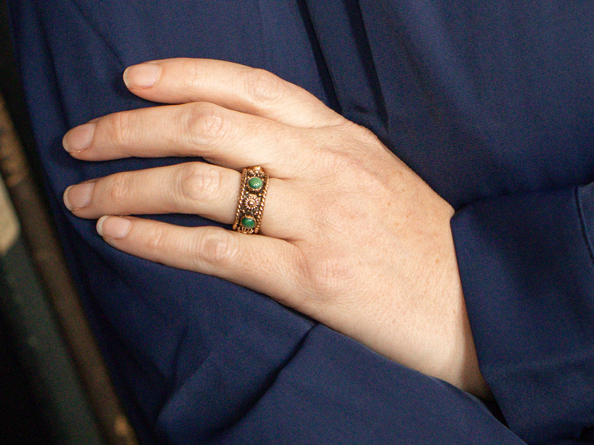 Ornate Green Turquoise and Gold Sunburst Band