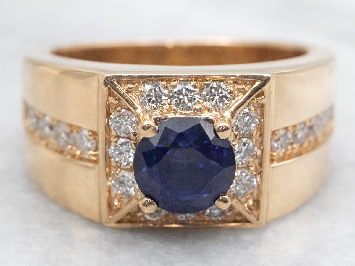 Modern Yellow Gold Sapphire and Diamond Ring