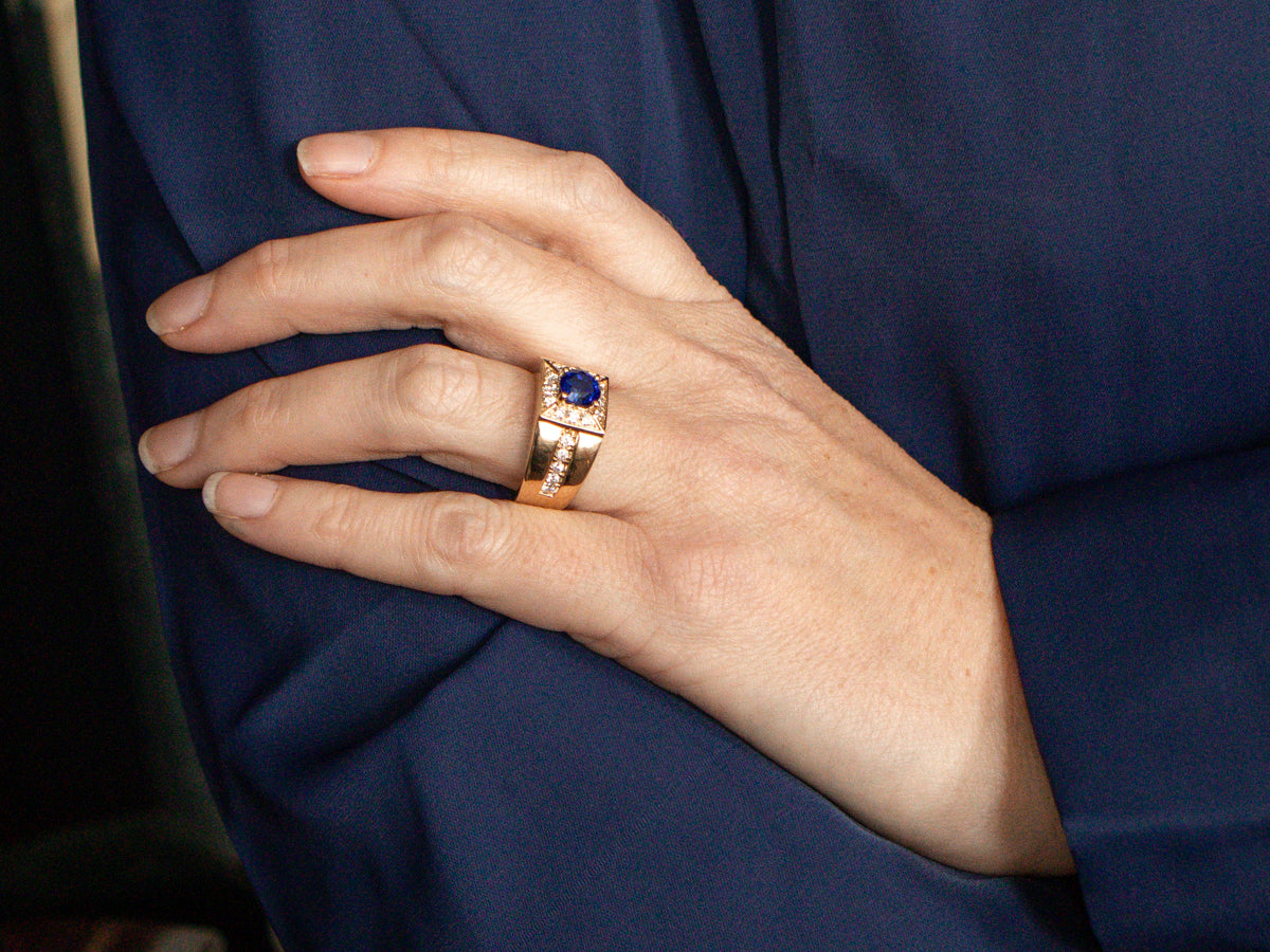 Modern Yellow Gold Sapphire and Diamond Ring