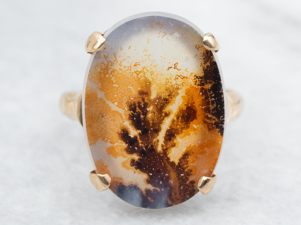 Oval Cut Dendritic Agate Solitaire Ring