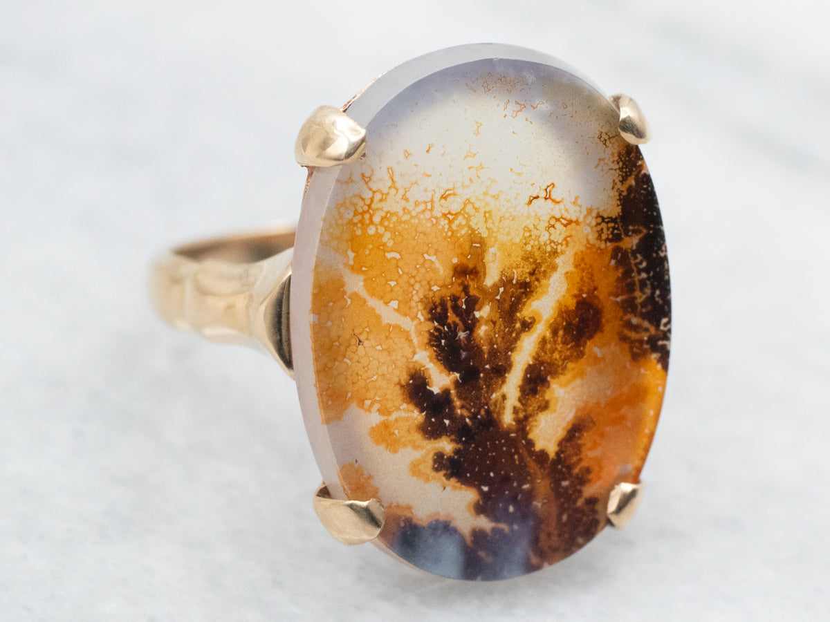 Oval Cut Dendritic Agate Solitaire Ring