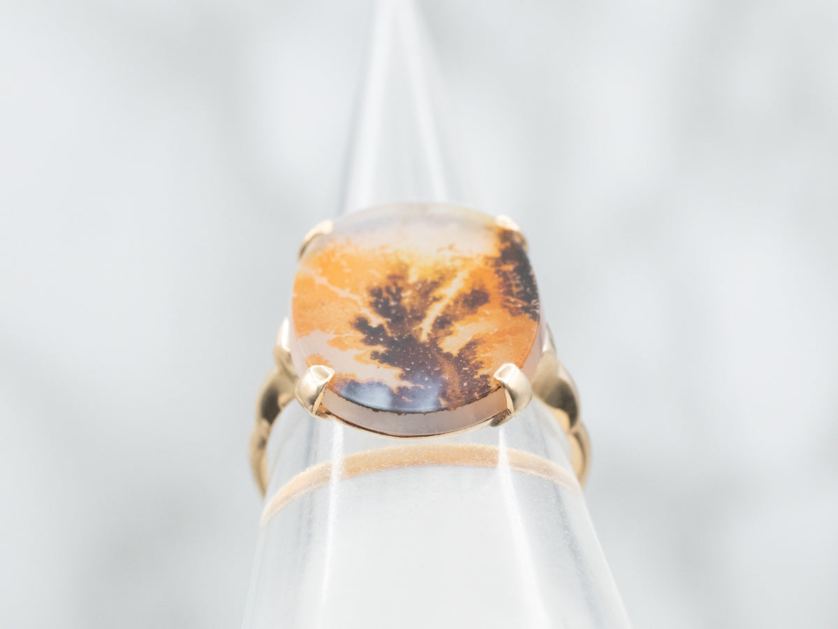 Oval Cut Dendritic Agate Solitaire Ring