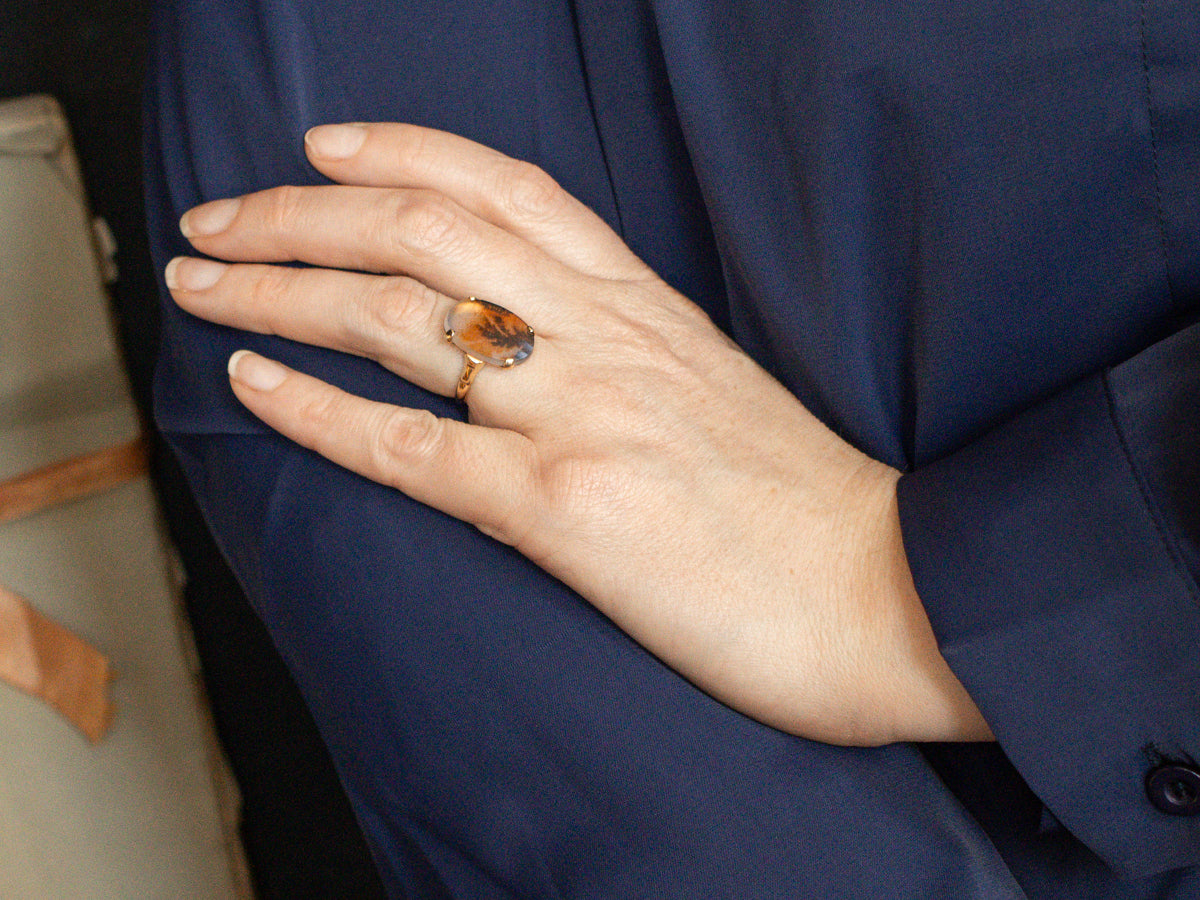 Oval Cut Dendritic Agate Solitaire Ring