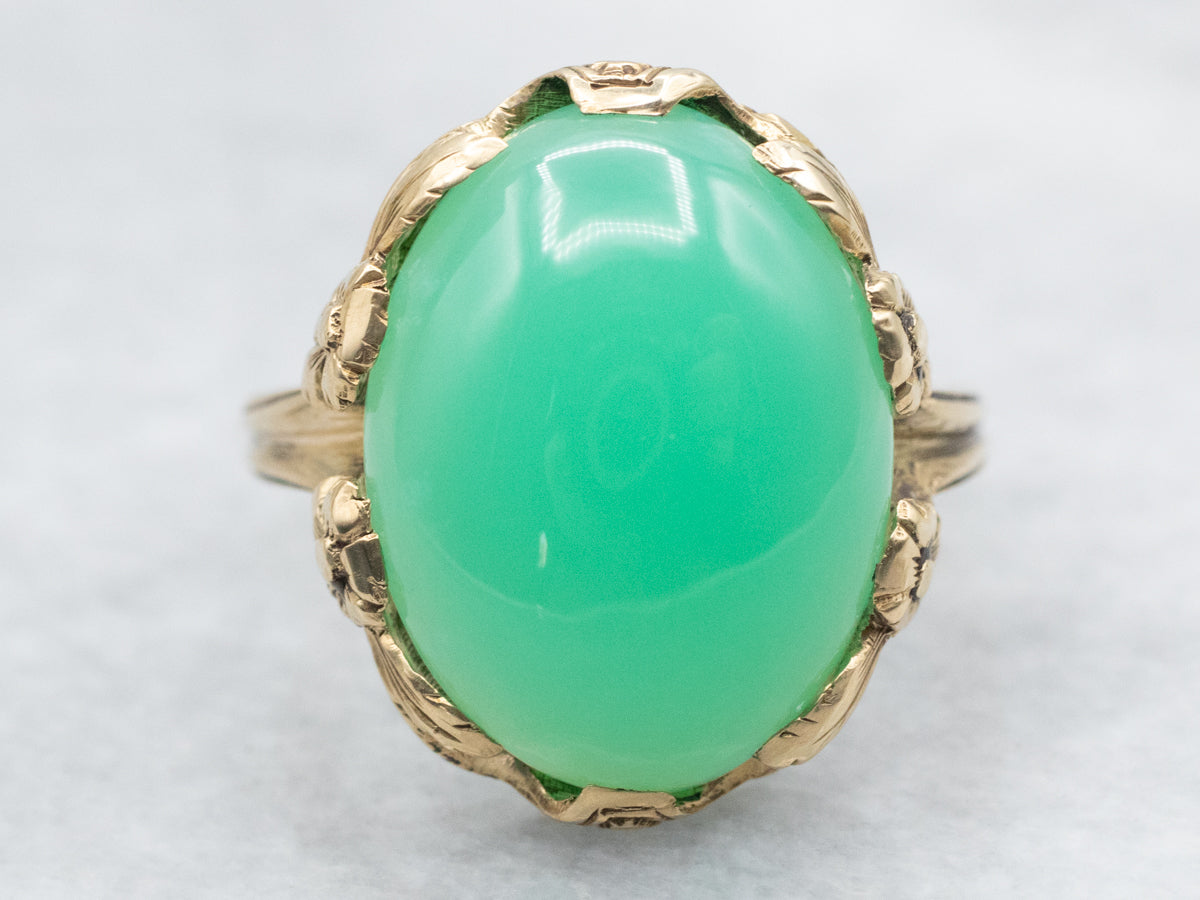 Vintage Chrysoprase Ring with Floral Frame